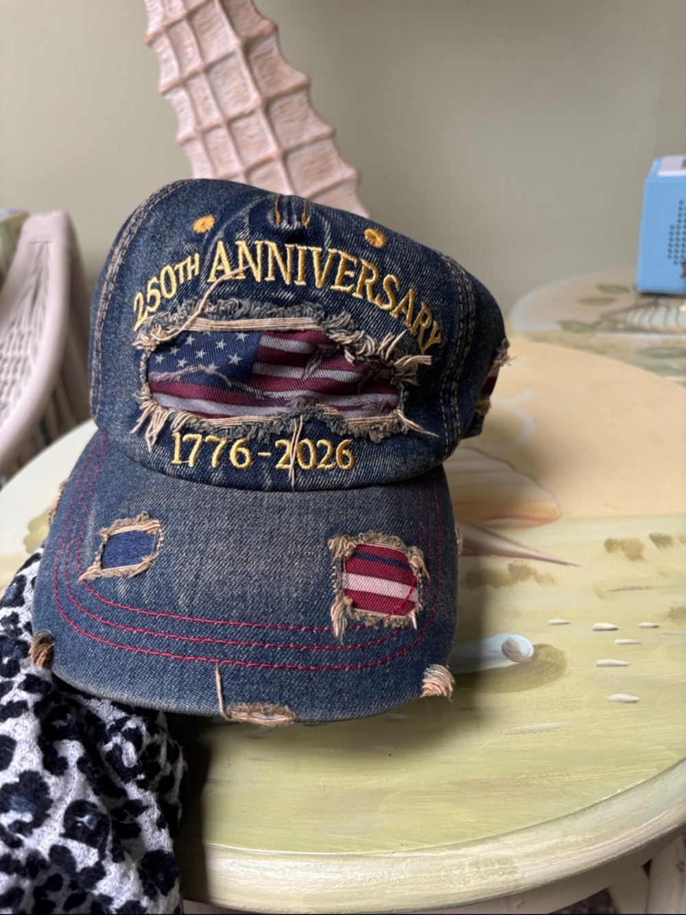 250th Anniversary Distressed Denim Cap with American Flag Detail NWOT